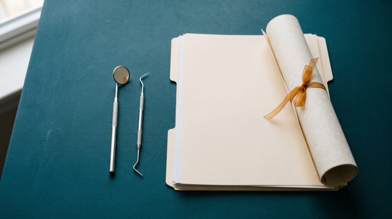 A dental mirror and probe beside academic documents, illustrating dentistry degree recognition