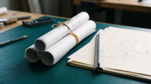 Rolled technical drawings and a scale ruler beside academic documents, illustrating engineering degree recognition
