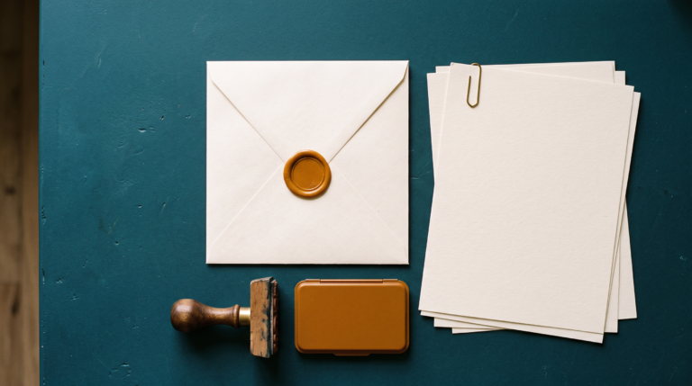A sealed envelope, a rubber stamp and an ink pad beside documents, illustrating certification of study documents