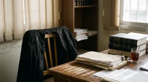 A lawyer's robe over a wooden chair beside law volumes, case files and a glass of tea