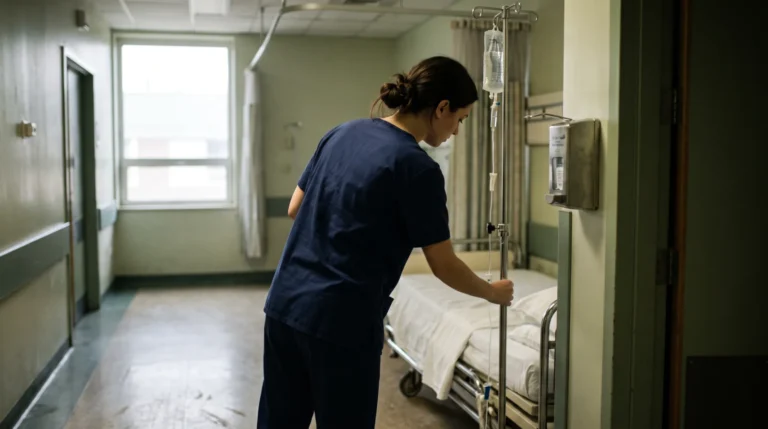 Nursing student in navy scrubs adjusting an IV stand beside a hospital bed