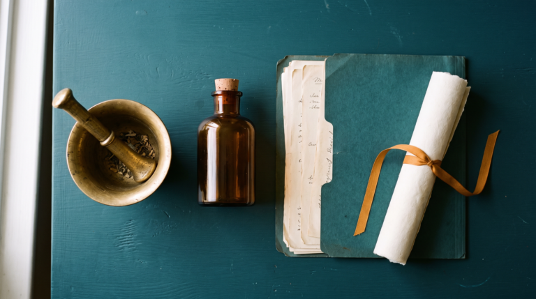 A mortar and pestle and an amber bottle beside academic documents, illustrating pharmacy degree recognition