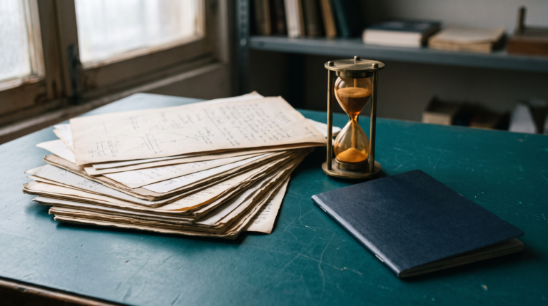 A passport, an hourglass and academic documents, illustrating the study duration rules behind degree equivalency