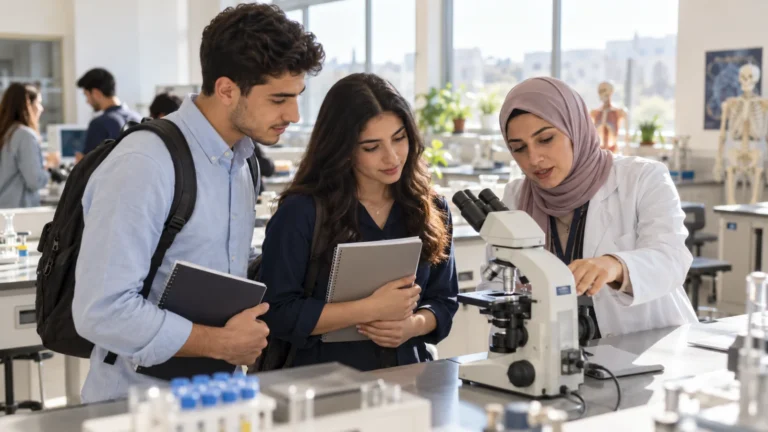 طلاب ينظرون في المجهر مع محاضِرة داخل مختبر جامعي